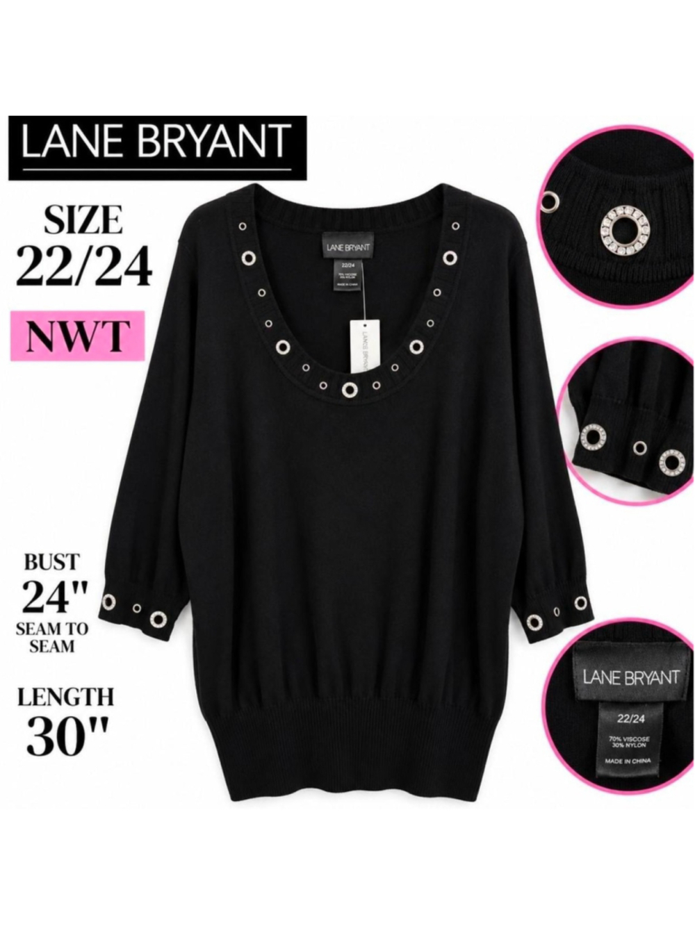 Lane Bryant Black Grommet Rhinestone Tunic Sweater 22/24 NWT